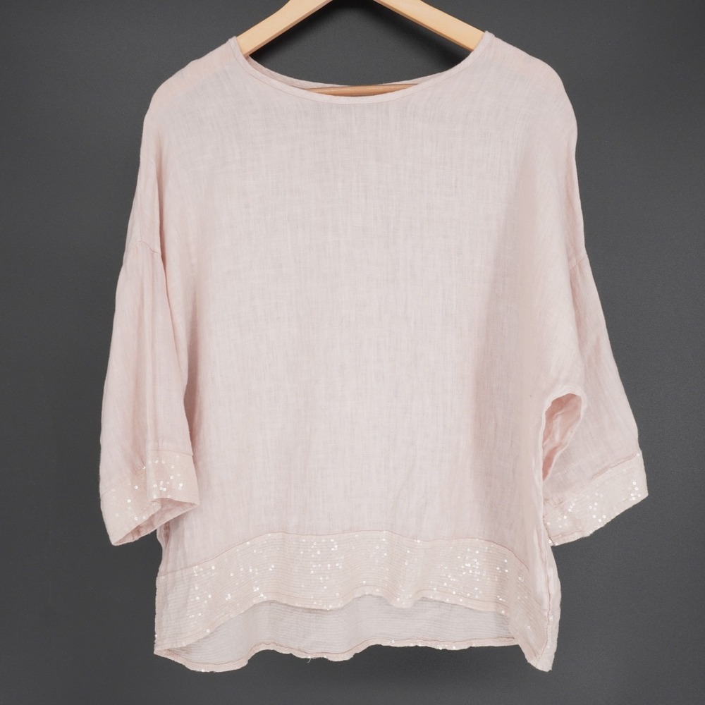 Bella Umbra Linen Top Womens L Blush Pink Sequins Relaxed Coastal Beach Italy